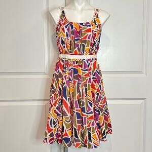 French Correction Colorful Print Sleeveless Belted Cotton Fit Flare Dress 6